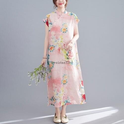 2021 chinese tradition style cheongsam women cotton linen casual qipao dress short sleeve elegant party dance dress costume