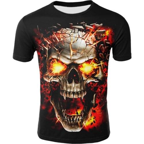 3D Skull T Shirt Men Hip-Hop Round Neck Short Sleeve Streetwear Tops Tees Casual 3D Print Fire Skull T-shirt Halloween Clothing