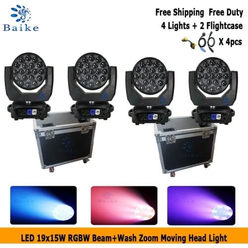 No duty 4pcs with Flight Case LED Beam Wash 19x15W RGBW Zoom Lighting Moving Head Light Stage Light For DMX512 LED Zoom Beam