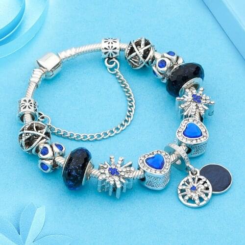 Royal Blue Enamel Crystal Star Moon Charm Bracelet with Heart Snowflake Sky Ball Bead Diy Jewelry Bracelet for Men Gift