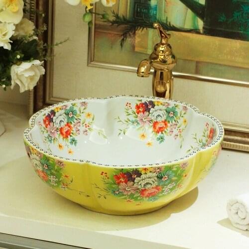 Europe style chinese wash basin vessel sinks Jingdezhen Art Counter Top ceramic basin sink flower shape wash basin
