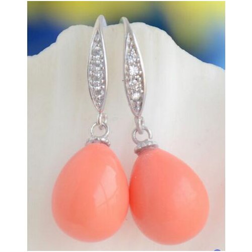 Hot Sale Free Shipping Wholesale> 12 * 14MM PINK CORAL SOUL SOUTH SEA SHELL PEARL BALANCING EARRING