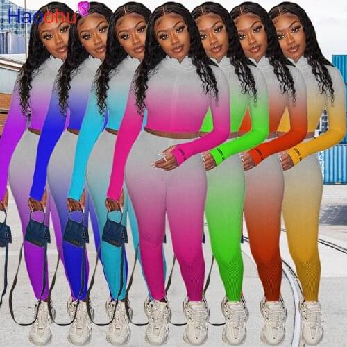 HAOOHU Sports Gradient Print Womens Set Zipper Tops Legging Pants Set Tracksuit Two Piece Outfit Active Sweatsuit