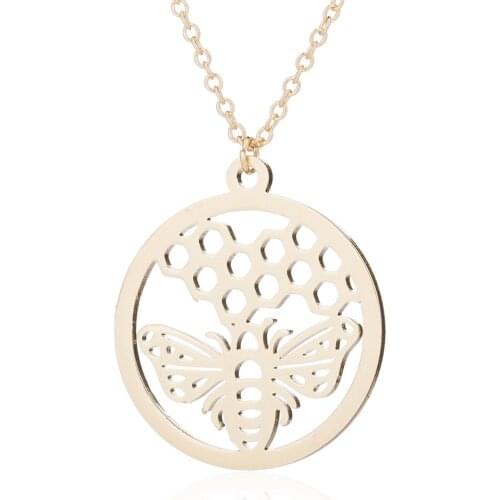 Classic Gold Color Nature Honeycomb&Honeybee Shaped Pendant Necklace for Women Girls Cute Animal Jewelry Collares