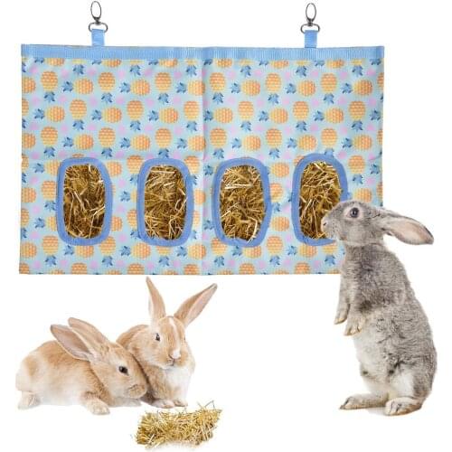 Four-Hole Rabbit Feeding Bag Hanging Hay Pouch Pet Feeder Holder Feeding Dispenser for Rabbit Guinea Pig Small Animals Pet