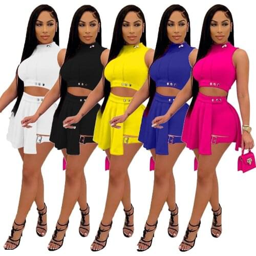 Chiclover Summer Clothes for Women Wholesale Items Sleeveless Turtleneck Vest and Shorts Skirts Sets Street Button Two Piece Set