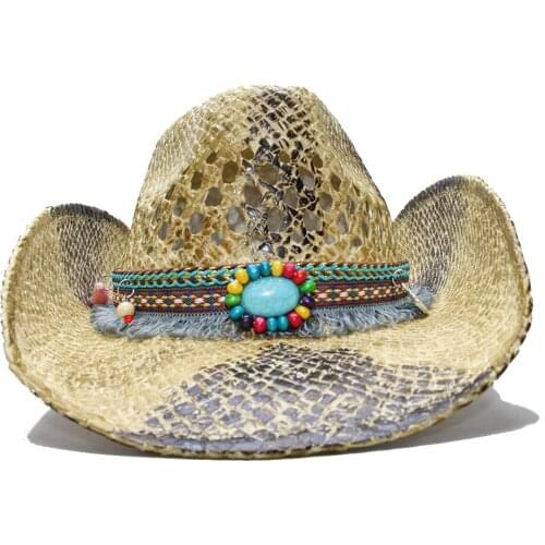 LUCKYLIANJI Womens Mens Summer Straw Beach Cowboy Western Cowgirl Fedora Hat Hollow Tassel Turquoise Bead Band (Adjusted )