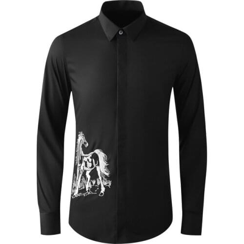 2021 Summer Mens Shirt Embroidered Galloping Horse Long Sleeve Shirt Chinese Style Slim Menswear Factory button up shirt