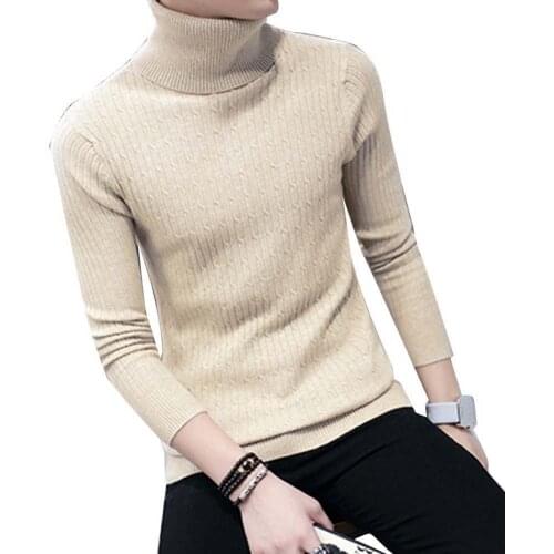 Men Pullovers Slim- Fit Thicken Warm Turtleneck Solid Color Long Sleeve Knitted Sweater Autumn Winter Top