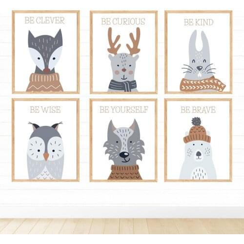 Sika Deer Wearing A Scarf Fox Owl Bear Canvas Nursery Painting Set Forest Wall Art Winter Animals Prints Kids Baby Room Decor