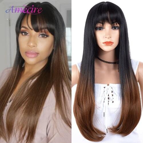 Long Straight Synthetic Hair Wig For Women Ombre Black To Brown Long Straight Wigs Heat Resistant Daily Party Wig