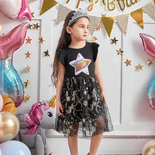 Sequins Unicorn Toddler Dress Black Summer Dresses Fancy Kids Clothing Bling Star Girl Robe Flare Sleeve Princess Dress Vestidos
