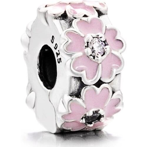 Authentic S925 Bead Charm Crystal Pink Enamel Primrose Clip Stopper Bead for Women Bracelet Diy Jewelry