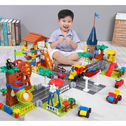 QWZ New Big Particle Blocks Train City Villa House Castle Building Blocks Set DIY Educational Brick Toy For Children Gifts