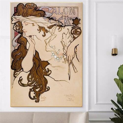 Retro Poster Long Brown Hair Nude Woman Portrait Art Nouveau Print Modern Canvas Painting Female Illustration Wall Home Decor