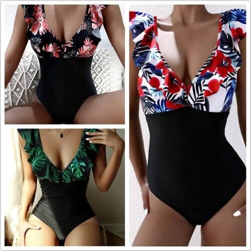 Sexy V-Neck Push Up Swimwear Ruffle One Piece Swimsuit High Waisted Bathing Suit Women Floral Bodysuit Fringe Monokini Swim Suit