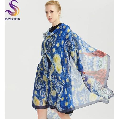 [BYSIFA] Winter Women Blue 100% Silk Scarf Shawl Fashion Brand Starry Sky Long Scarves Autumn Ladies Scarves Foulard 180*110cm