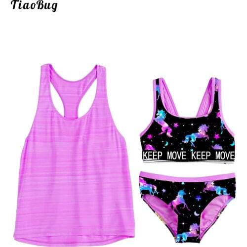 TiaoBug Summer 3Pcs Kids Girls Swimwear Swimsuit Cropped Tops With O-Neck Sleeveless Racer Back Vest Tops And Briefs Bikini Sets