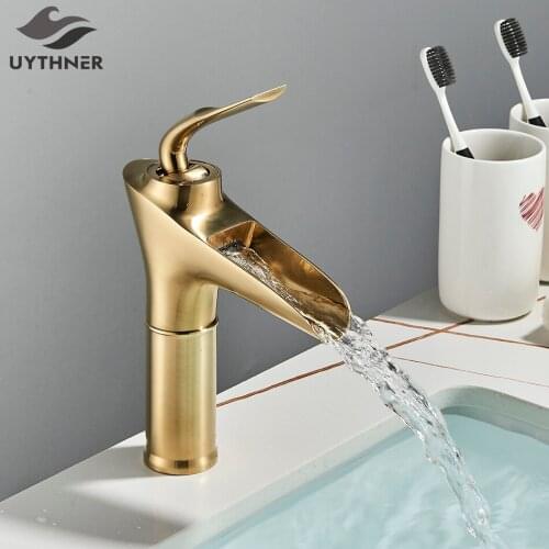 Uyther Brushed Gold Wine Glass Basin Faucet Waterfall Bathroom Hot Cold Water Mixer Tap Single Lever Washbasin Taps for Bathroom