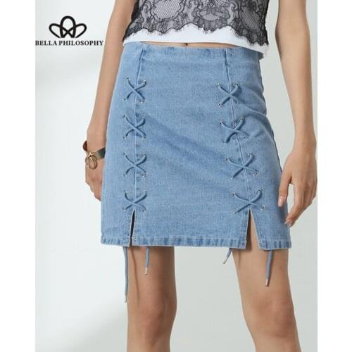 Bella Philosophy 2018 summer women denim lace-up sky navy blue skirt