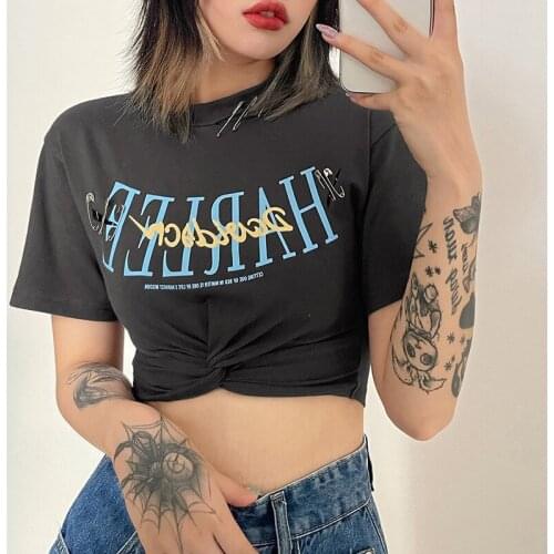 2021 New Summer Clothes For Women Crop Top Crew Neck Pin Fold Letter Printing Self Cultivation Sexy Exposed Navel T-Shirt