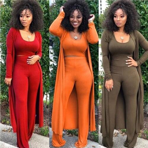 Women Fashion Leisure Knitted 3 Piece Suit Cardigan Vest Crop Tank Top Loose High Waist Long Pant Winter Clothes Bodycon Outfits