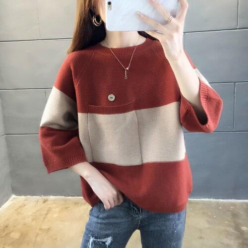 2021 Spring Clothes Women New Fashion Knitting Korean Style 3/4 Sleeve Big Pocket Round Neck Sweater All-match Tops Jersey Mujer
