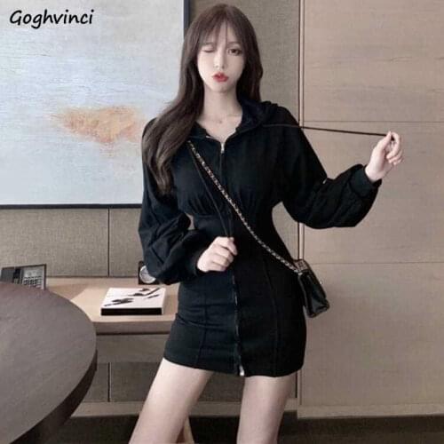 Women Long Lantern Sleeve Dresses Sheath Hooded Zippers Casual Comfortable Fashion Korean Style Sexy Chic High Elasticity Chic