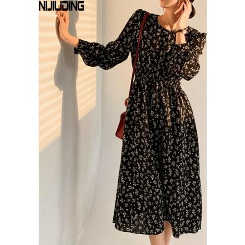 Womens O-Neck Floral Dresses Autumn Loose Slimming Mid-Length Full Sleeve Zipper Winter Bottoming Chiffon Dress Femee Vestidos
