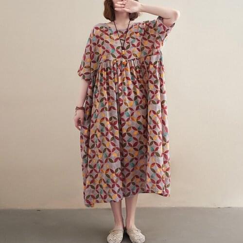 Johnature Casuasl Vintage Women Summer Dress 2021 New Print 2 Colors Loose O-neck Short Sleeve Female Dresses