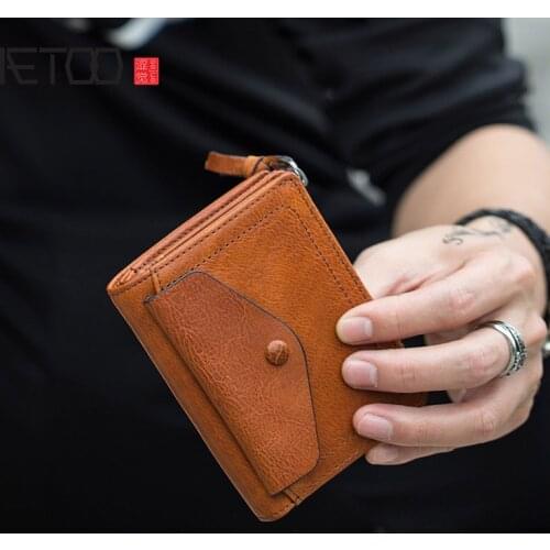 AETOO Planted leather retro handmade wallet, leather zipper short wallet, multi-functional large-capacity wallet