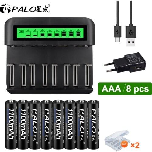 PALO 1.2V AAA Rechargeable Batteries NI-MH AAA Battery High Capacit Fast Smart LCD Display Charger USB Charger For Flashlight