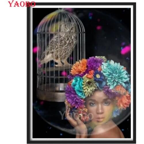 100% Drill Round square Diamond Painting African woman and owl birdcage Diamond Mosaic Home Decoration Picture Of Rhinestone