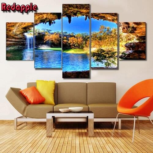 Nature waterfall Landscape diamond Painting Sunshine Rock cave Lake embroidery with diamond mosaic 5D icon 5 pcs set decoration