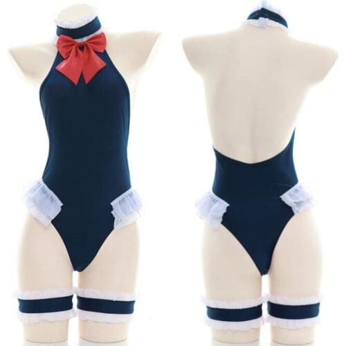Anime Theme Sukumizu Sexy Cute Girls Halter Big Bow Backless Womens Blue Bodysuit Exotic Appreal