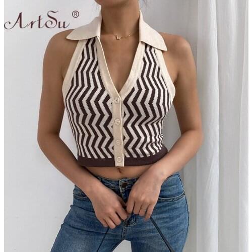 ArtSu Knitting E Girl Y2K Crop Top Women Summer 2021 Fashion Striped Turn-Down Collar Tank Tops Blue Black Brown Streetwear