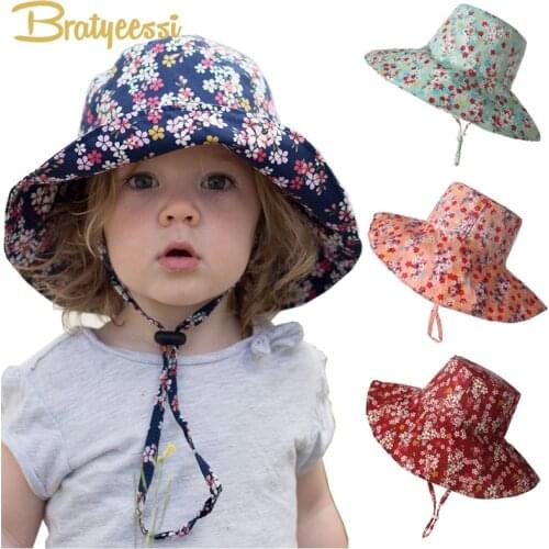 New Floral Kids Hat for Girls Cotton Folding Big Brim Bucket Hat Kids Cap Spring Autumn Summer Girls Sun Hat for 2-8Y