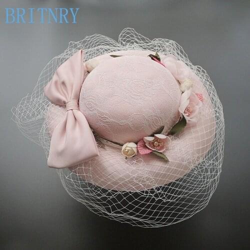 BRITNRY Elegant Pink Wedding Hat Beautiful Flowers Bride Hat Fascinator Face Veils Women Wedding Hats