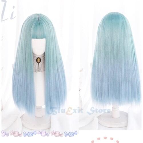 Gradual Mixed Blue Lolita Wig Harajuku Fairy Sweet 65cm Long Straight Wig Cute Synthetic Hair Fringe Bangs Adult Girls