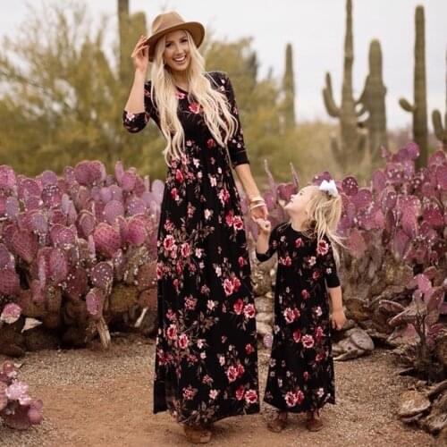 27kids Fashion Breathable Womens and Girls Dress with Flowers Pattern Cotton Autumn Long Sleeve Dress for Casual Skirt