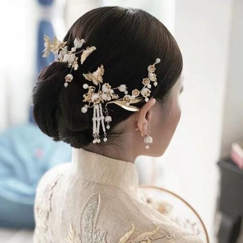 Chinese Dragon and Phoenix Tassel Hair Accessories Bridal Wedding Headdress Ancient Costume Pearl Bell Side Clip