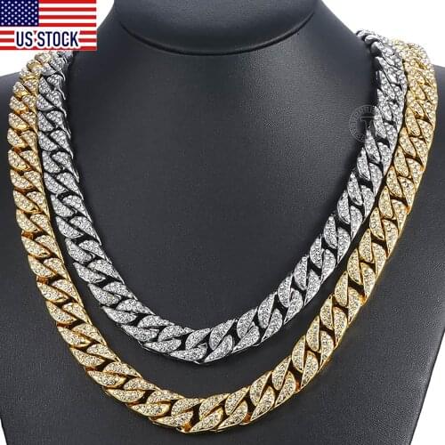 Davieslee14mm Mens Necklace Miami Curb Cuban Gold Necklace Paved Clear Rhinestones Womens Mens Chain DLGN432