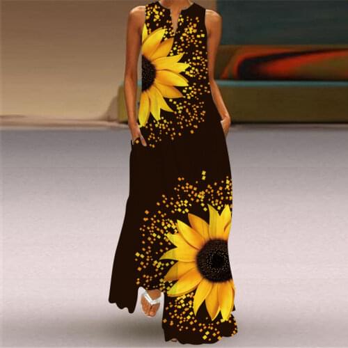 New Fashion Print Summer Dress Casual Sexy Boho Beach Dresses Women Party Dress V-neck Sleeveless Pocket Long Dress S-5XL