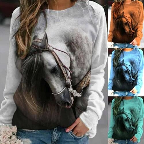 S-3XL Autumn Winter Lady Fashion Horse Printed Long Sleeve Pullover Sweater Casual T-shirt Multicolor grinch christmas Casual F4