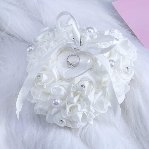 Wedding Heart Shape Rose Flowers Ring Case Valentines Day Gift Ring Bearer Pillow Cushion Pincushion Ring Party Decoration