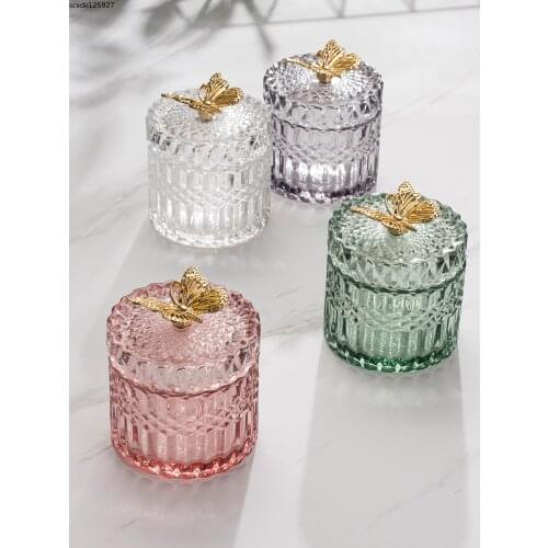 European Butterfly Glass Jewelry Box Household Cotton Swab Candle Jewelry Box Desktop Luxury Candy Tea Case Jar Home Decoration