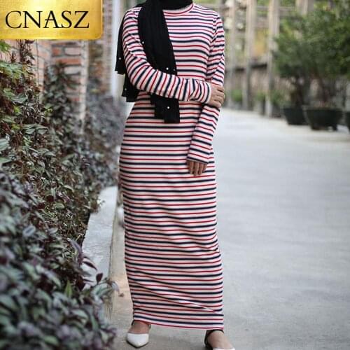 High Quality Cotton Muslim Women Slim Striped Abaya Burka Casual Long Sleeves Design Abaya Dresses Islamic Clothing