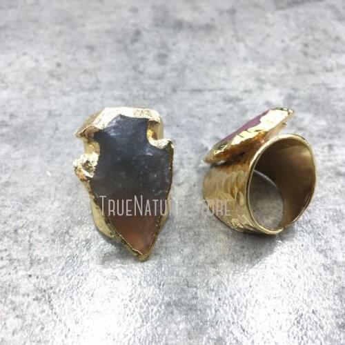 5Pcs RM4774 Jewelry Adjustable Copper Jewelry Plated Rings Gold Plated Flint Irregular Surface Point Arrow Ring