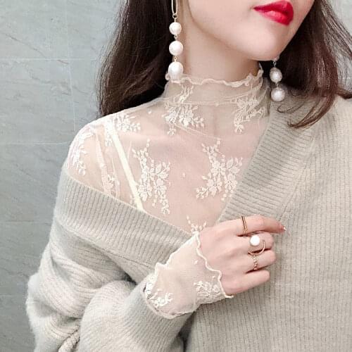 Blouse Women Turtleneck Grenadine Womens Lace Long Sleeve Sexy See-through Top Blusas Ropa De Mujer