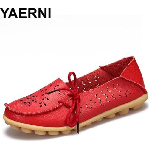 YAERNI 2021 Ballet Summer Cut Out Women Genuine Leather Shoes Woman Flat Flexible Round Toe Nurse Casual Fashion Loafer